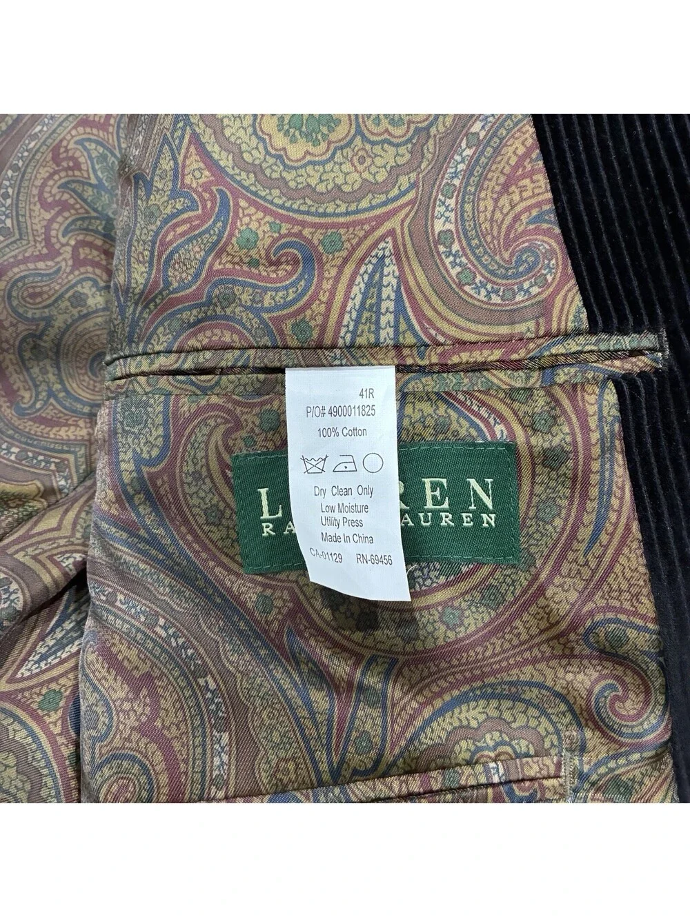 Lauren Ralph Lauren Men's 41R Corduroy Blazer Black Jacket Elbow Patch Paisley